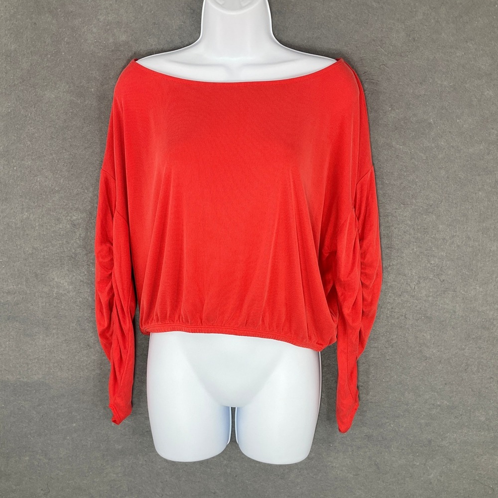 Silence + Noise Blouse‎ Ruched Sleeve Ribbed Lightweight Top Red Orange Size S